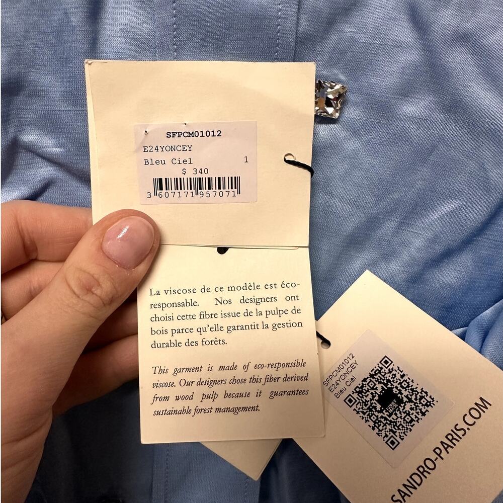 Sandro Paris Satiny Rhinestone Shirt in Sky Blue Size S - Picture 9 of 15